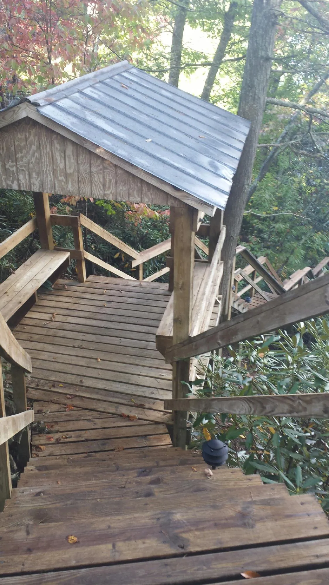 Metal roofed shelter over wooden steps on a wooded walkway — Skylight Repair & Installation work by our crew in Beyer
